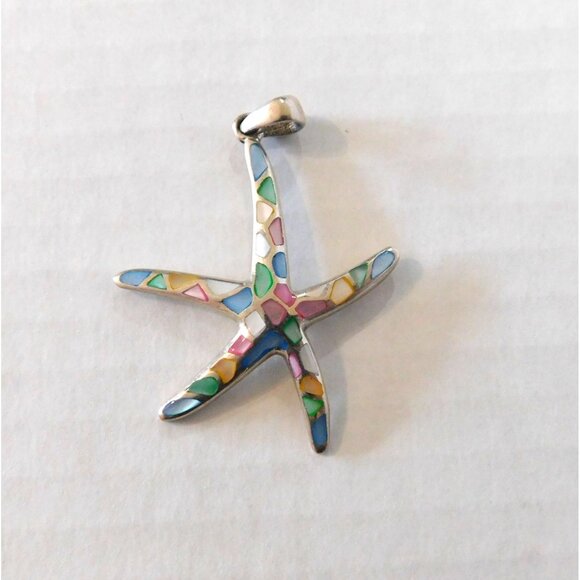 Jewelry - Sterling Silver Starfish Pendant Multicolor Pastel Mosaic Mother of Pearl 1.5"